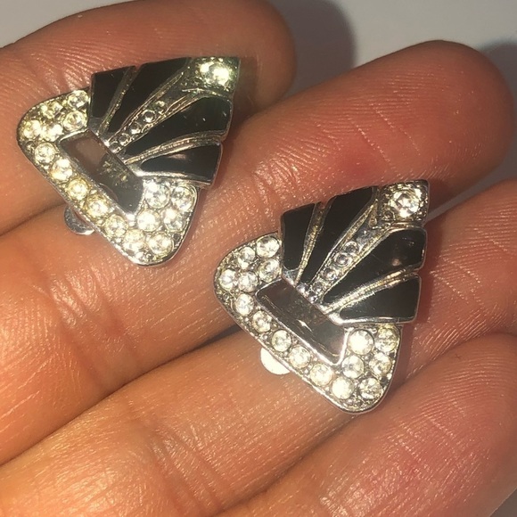 vtg Richelieu Art Deco Style Silver Tone Black Rhinestone Clip On Earrings 7mm - Picture 7 of 7